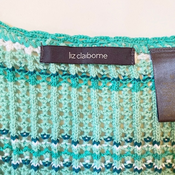 Liz Claiborne Womens Open Knit Blouse Sz M Green Stripes V-Neck 3/4 Sleeve - Picture 2 of 9